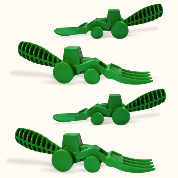 Tractor utensils set for babies, 2 pack, perfect for feeding and nursing, shown from angle 2.