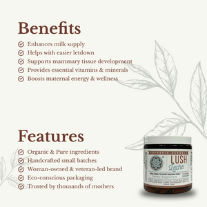 Lush Leche lactation support product in angle 4 view, promoting healthy breastfeeding for new mothers.