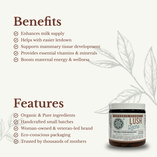 Lush Leche lactation support product in angle 4 view, promoting healthy breastfeeding for new mothers.