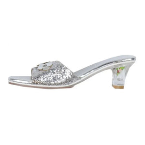 Silver high-heel slippers for kids, Mariona costume accessory for carnival, available in 3 sizes. Angle 3 view.