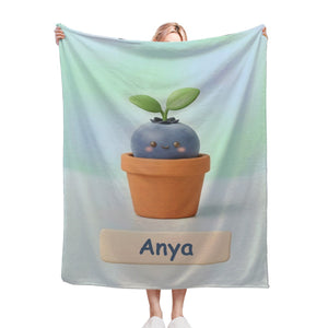Personalized Kawaii Blueberry Blanket | Custom Name | Cute Potted Berry Mint Blue Fleece Throw Gift