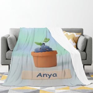 Personalized Kawaii Blueberry Blanket | Custom Name | Cute Potted Berry Mint Blue Fleece Throw Gift