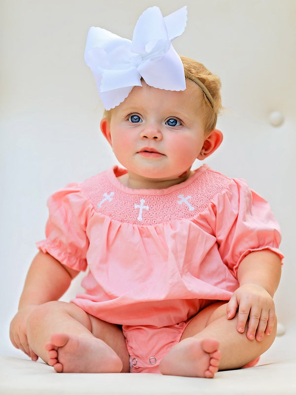 CORAL Smocked Church Christ Bishop Christening Girls Romper
