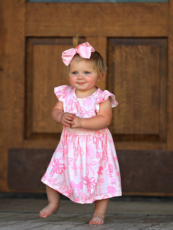 Bow Print Flying Sleeve Girls Dress