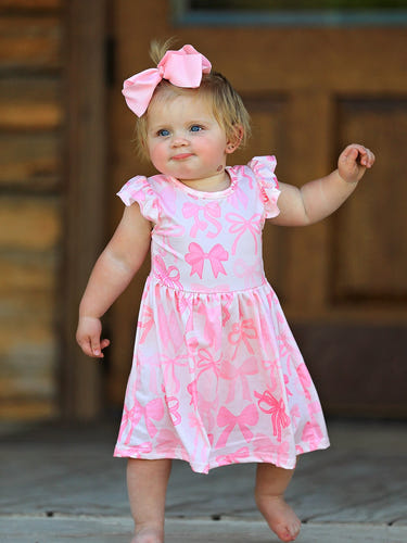 Bow print flying sleeve girls dress, perfect for stylish baby outfits.