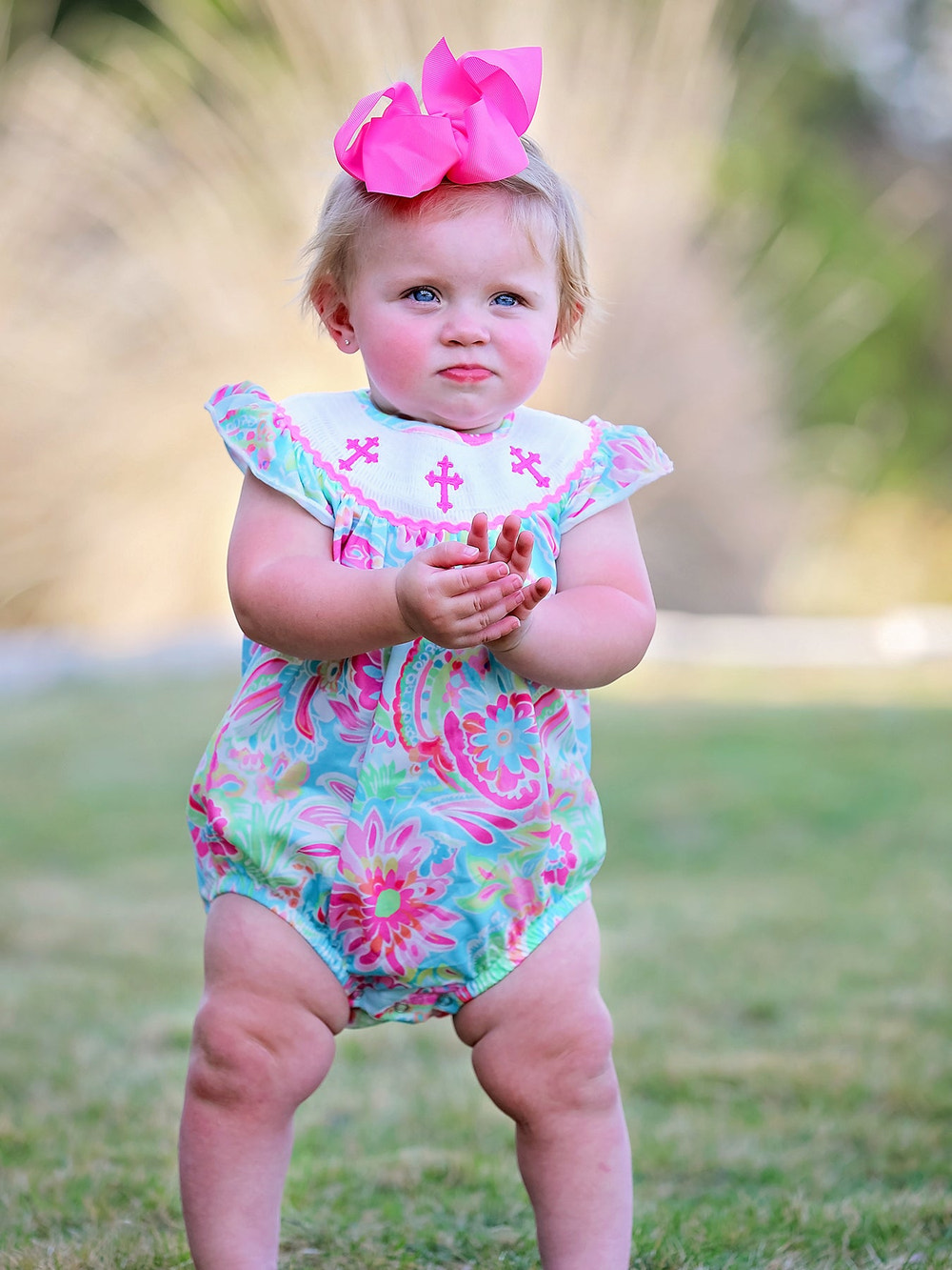 Easter Cross Smocking Embroidery Baby Girl Romper - adorable and festive outfit for your little one.
