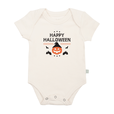 Baby graphic bodysuit featuring a cute Halloween pumpkin design, perfect for festive celebrations.