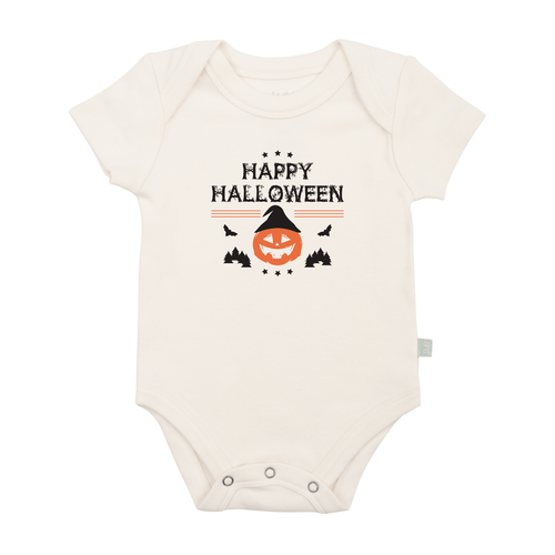 Baby graphic bodysuit featuring a cute Halloween pumpkin design, perfect for festive celebrations.