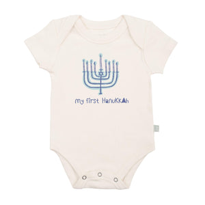 "Graphic short sleeve bodysuit for baby's 1st Hanukkah celebration."