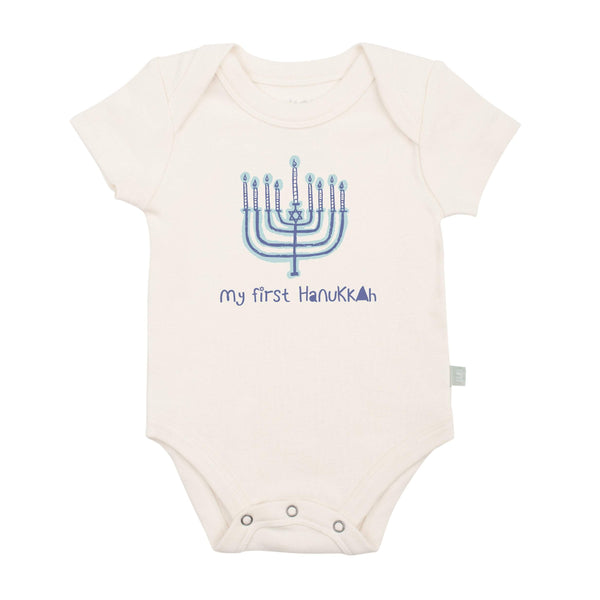 "Graphic short sleeve bodysuit for baby's 1st Hanukkah celebration."