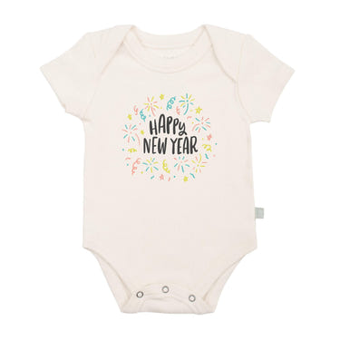 Happy New Year graphic bodysuit for babies - short sleeve design, perfect for festive celebrations.