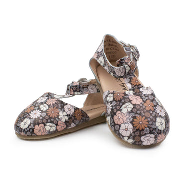 Black Floral Mary Jane Hard Sole shoes for babies, featuring a stylish design and durable construction.