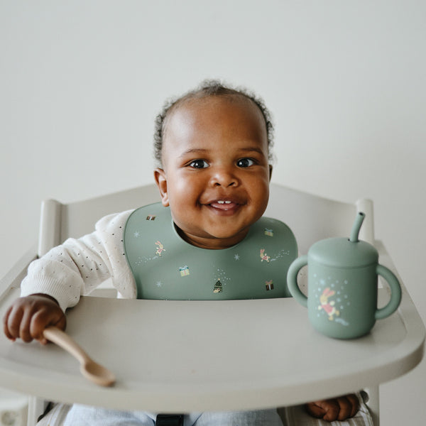 Mushie Silicone Baby Bib Adjustable Neck Strap Deep Pocket