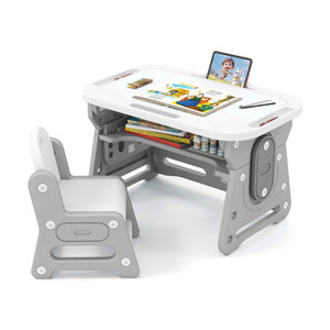 Height Adjustable Kids Table and Chair Set with Tiltable Whiteboard and Concave Shelf-Gray