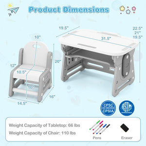 Height Adjustable Kids Table and Chair Set with Tiltable Whiteboard and Concave Shelf-Gray