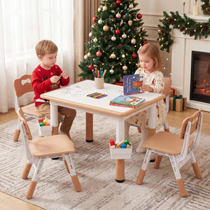 Height Adjustable  Kids Table and 4 Chairs Set with Graffiti Desktop and 2 Storage Baskets