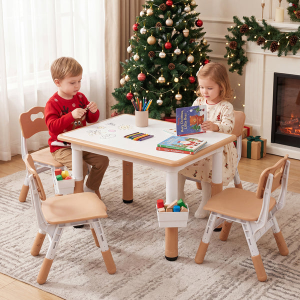 Height Adjustable  Kids Table and 4 Chairs Set with Graffiti Desktop and 2 Storage Baskets