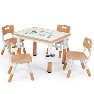 Height Adjustable  Kids Table and 4 Chairs Set with Graffiti Desktop and 2 Storage Baskets