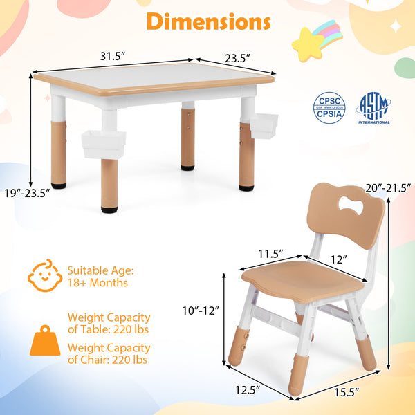 Height Adjustable  Kids Table and 4 Chairs Set with Graffiti Desktop and 2 Storage Baskets