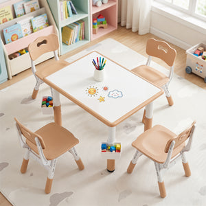 Height Adjustable  Kids Table and 4 Chairs Set with Graffiti Desktop and 2 Storage Baskets