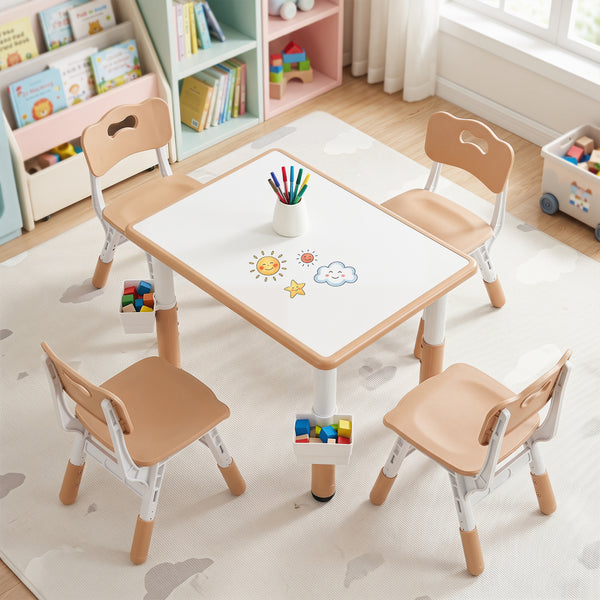 Height Adjustable  Kids Table and 4 Chairs Set with Graffiti Desktop and 2 Storage Baskets