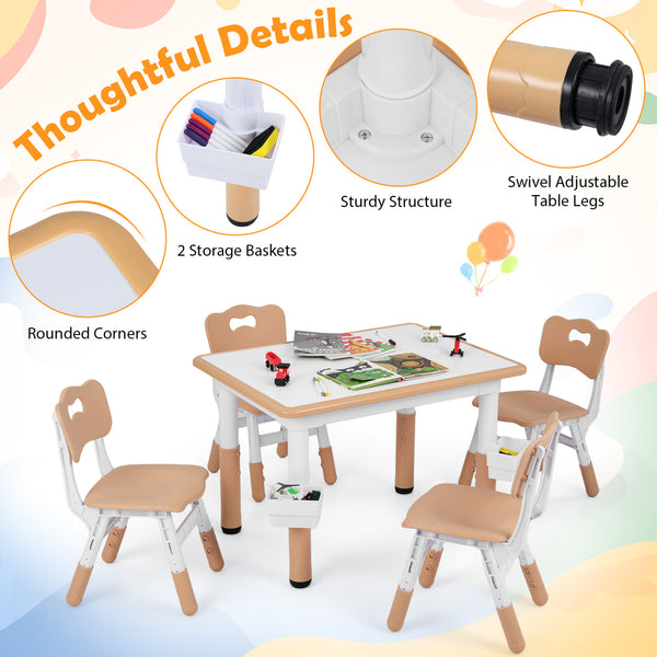 Height Adjustable  Kids Table and 4 Chairs Set with Graffiti Desktop and 2 Storage Baskets