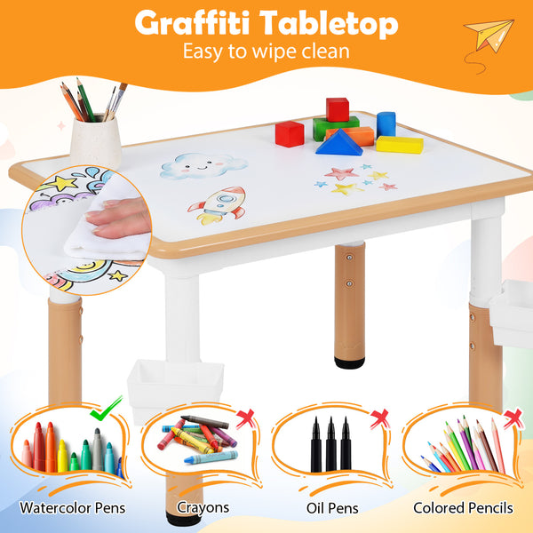 Height Adjustable  Kids Table and 4 Chairs Set with Graffiti Desktop and 2 Storage Baskets