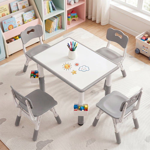 Height Adjustable  Kids Table and 4 Chairs Set with Graffiti Desktop and 2 Storage Baskets