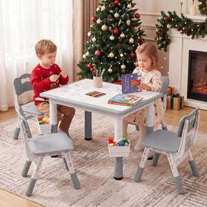Height Adjustable  Kids Table and 4 Chairs Set with Graffiti Desktop and 2 Storage Baskets