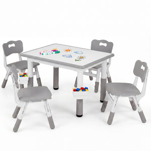Height Adjustable  Kids Table and 4 Chairs Set with Graffiti Desktop and 2 Storage Baskets