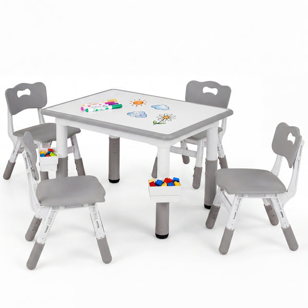 Height Adjustable  Kids Table and 4 Chairs Set with Graffiti Desktop and 2 Storage Baskets