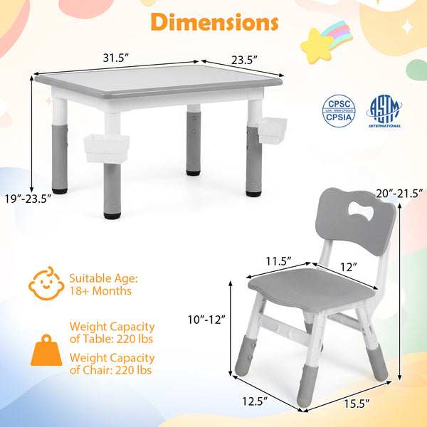 Height Adjustable  Kids Table and 4 Chairs Set with Graffiti Desktop and 2 Storage Baskets