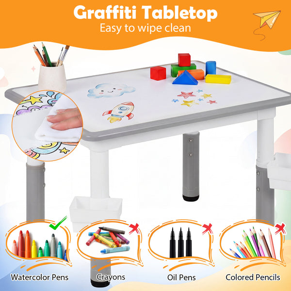 Height Adjustable  Kids Table and 4 Chairs Set with Graffiti Desktop and 2 Storage Baskets