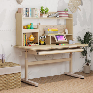 Height adjustable yellow writing table with tilt desktop and retractable book stand for kids.