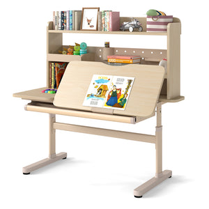 Height Adjustable Writing Table with Tilt Desktop and Retractable Book Stand-Yellow