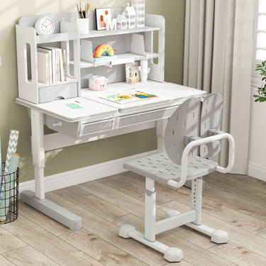 Height-adjustable gray kid's study chair with double back support for ages 3+ - perfect for comfort and posture.