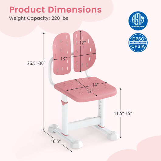 Height-adjustable Kid's Study Chair with Double Back Support and Breathable Seat for 3+ Years Old-Pink