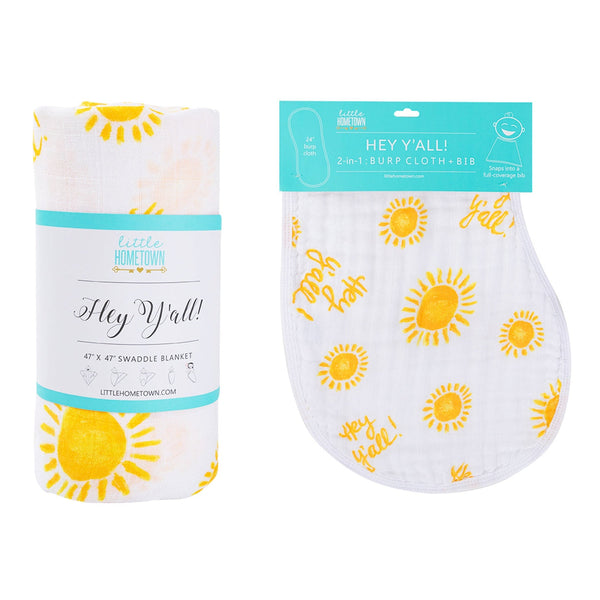 Gift Set: Hey Y'all Baby Muslin Swaddle Blanket and Burp Cloth/Bib Combo