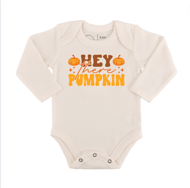 Long sleeve graphic bodysuit for babies featuring "Hey There Pumpkin" design. Perfect for fall outfits.