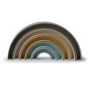 Colorful Rainbow Stacker Toy for babies, showcasing vibrant rings in a playful angle view.