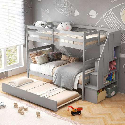 Home Wood Bunk Bed with Guard Rail and 4-step Storage Stairs No Box Spring Needed-Gray