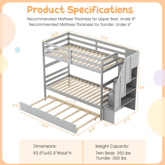 Home Wood Bunk Bed with Guard Rail and 4-step Storage Stairs No Box Spring Needed-Gray