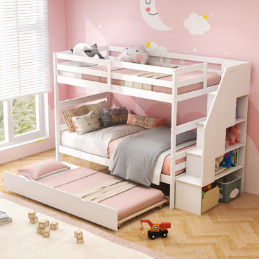 Home Wood Bunk Bed with Guard Rail and 4-step Storage Stairs No Box Spring Needed-White