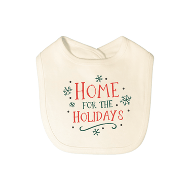 Graphic bib for babies, featuring a festive "Home for the Holidays" design. Perfect for mealtime messes!