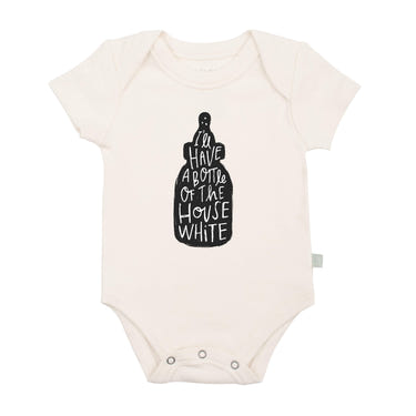White graphic short sleeve bodysuit for babies, featuring a cute house design. Perfect for everyday wear.