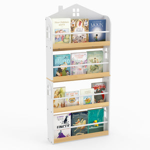 House-shaped kids bookshelf with anti-falling baffles in white, perfect for stylish and safe storage solutions.