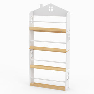 House-shaped kids bookshelf in white with anti-falling baffles, perfect for stylish and safe storage solutions.