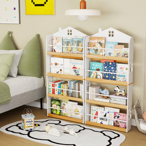 White house-shaped kids bookshelf with anti-falling baffles for safe and stylish storage solutions.