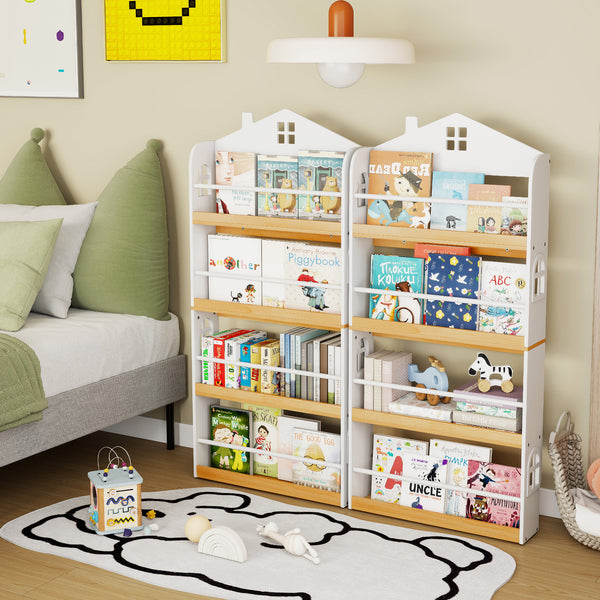 White house-shaped kids bookshelf with anti-falling baffles for safe and stylish storage solutions.