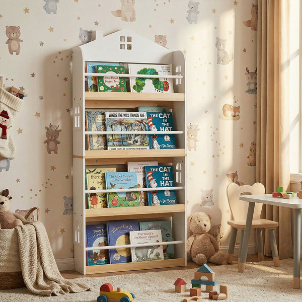 House-shaped kids bookshelf with anti-falling baffles in white, perfect storage solution for children's books and toys.